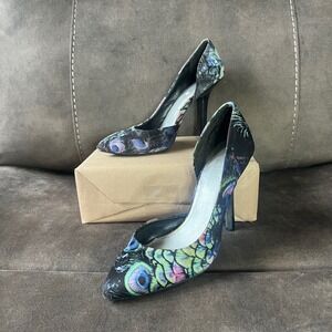 BCBG Women's Peacock Print Heels 8.5 Pointed Toe Stiletto‎ Vibrant Graphic GUC